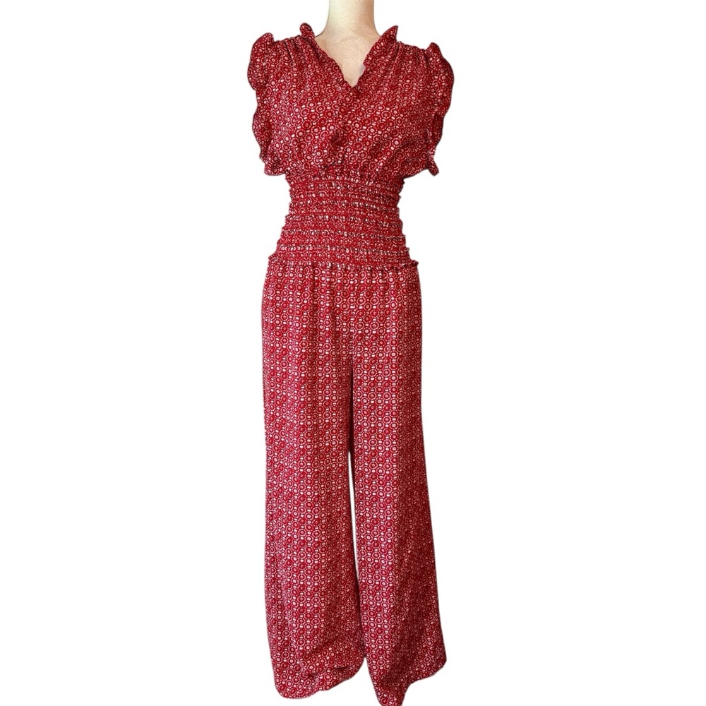 Max Studio Ruffle Trim Smocked Waist Red Print Wide Leg Jumpsuit Medium